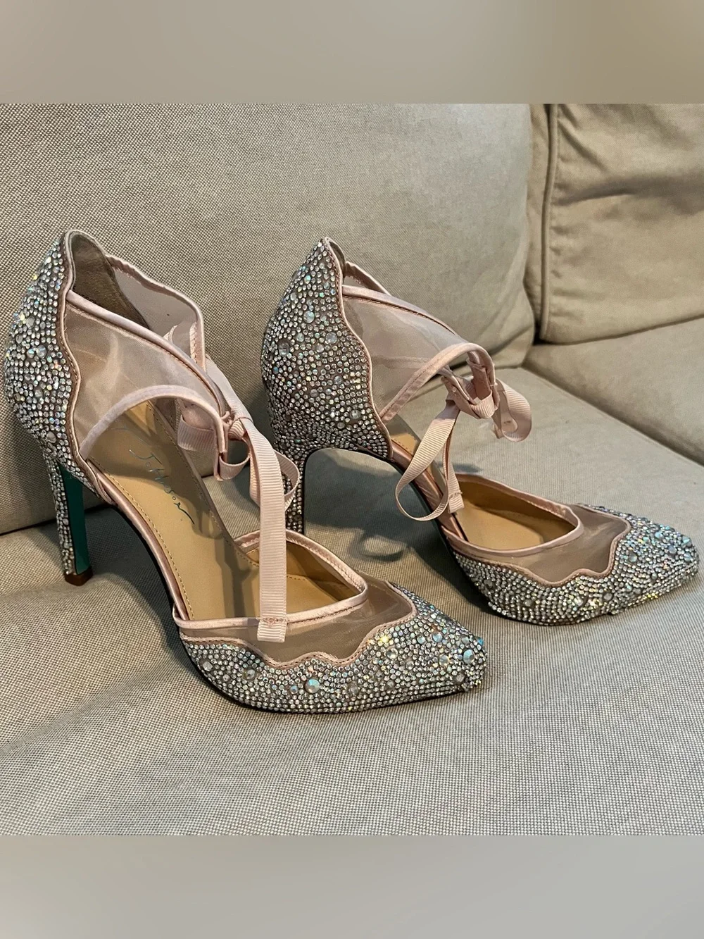 Embellished Pink Rhinestone High Heels with Ankle Ribbon